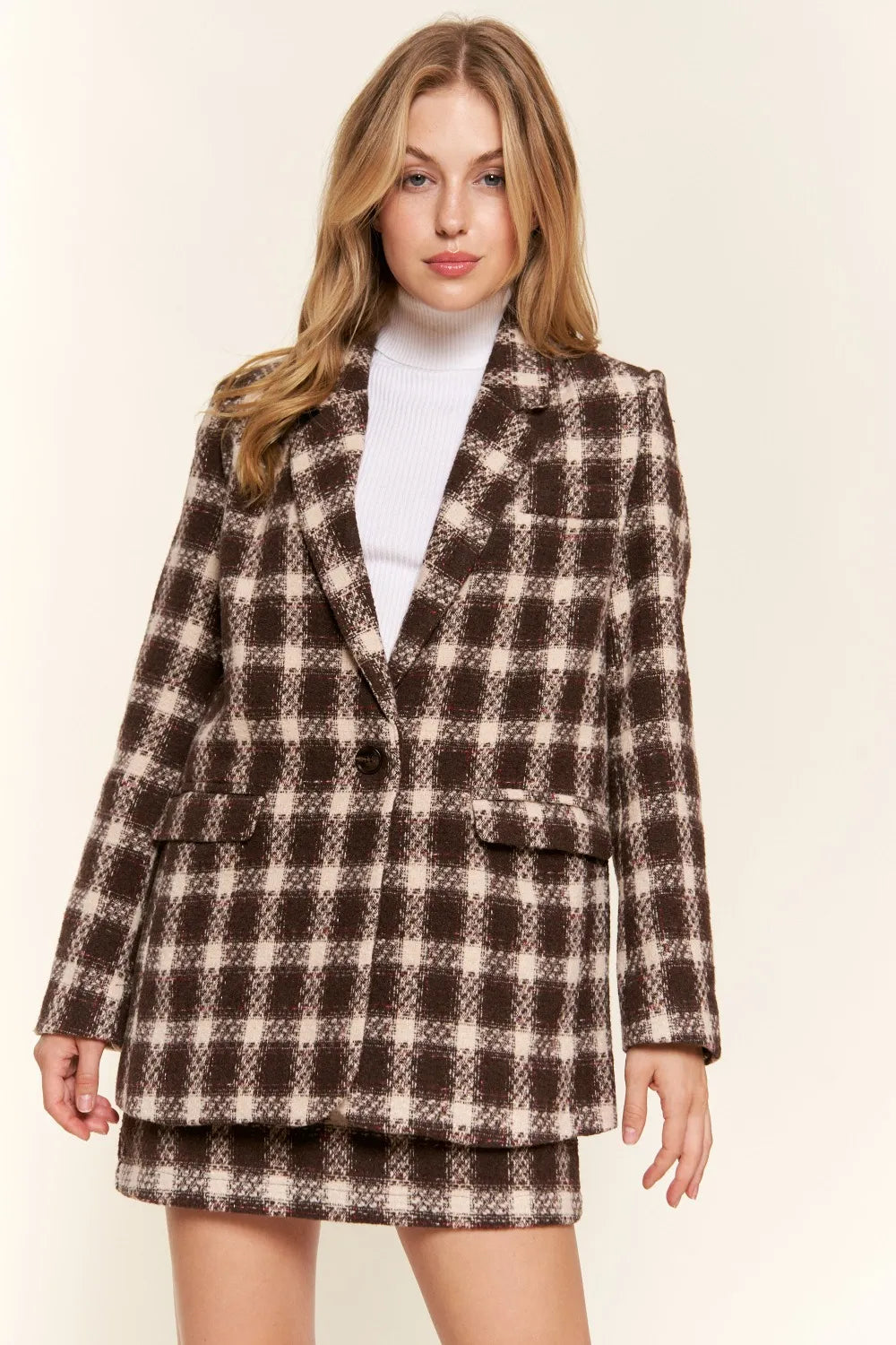 And the Why Full Size Plaid Brushed One Button Blazer in Brown view 4 - Casual Office Outfit (layer)