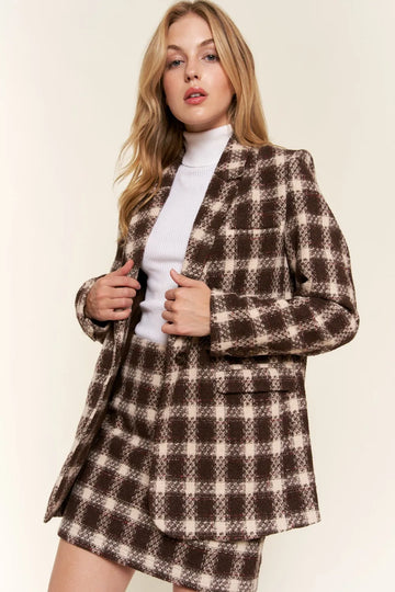 And the Why Full Size Plaid Brushed One Button Blazer - MeeeShop Women's Fashion