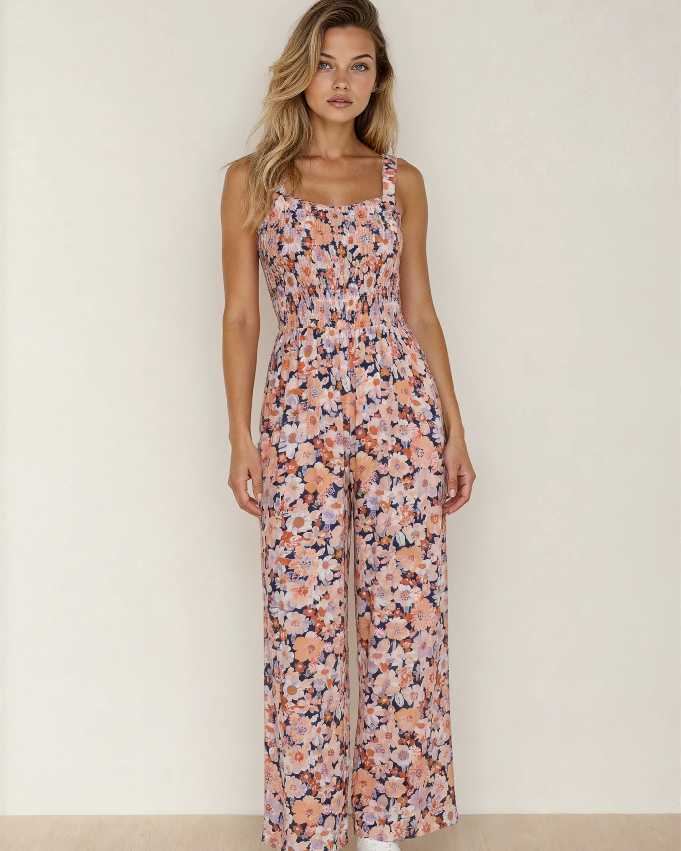 Angelica Square Neckline Stretch High Waist Jumpsuit - Pink Floral Pink Floral (one-piece) - shop at us.meeeshop