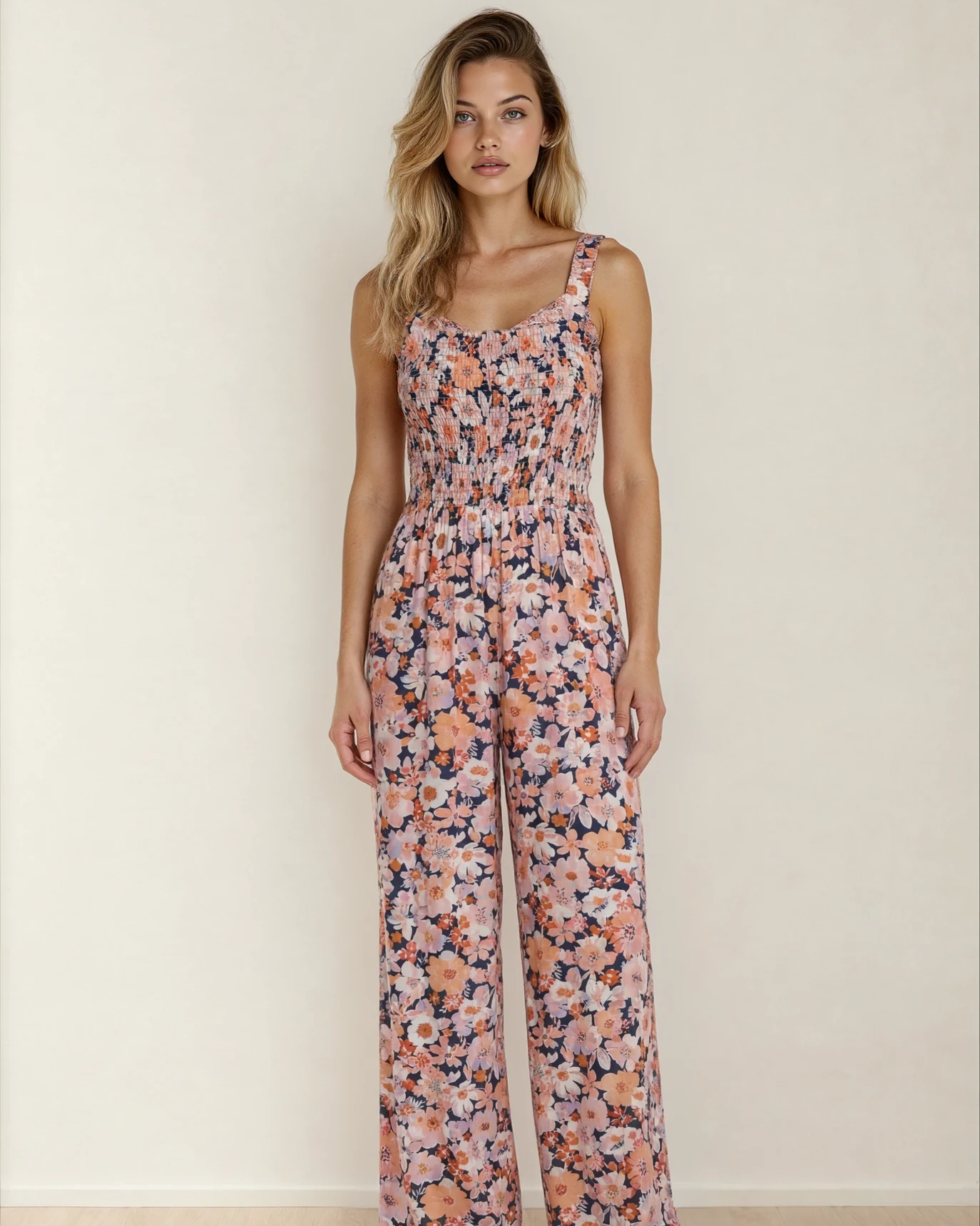 Angelica Square Neckline Stretch High Waist Jumpsuit - Pink Floral Pink Floral view 2 (one-piece) - shop at us.meeeshop