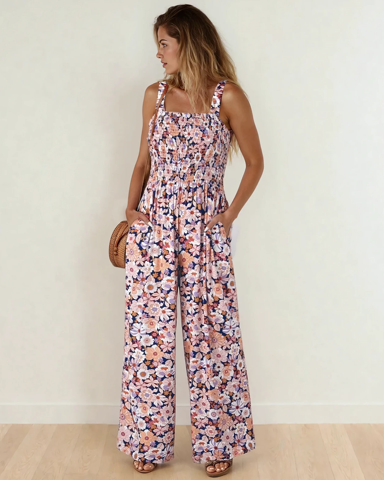 Angelica Square Neckline Stretch High Waist Jumpsuit - Pink Floral Pink Floral view 5 (one-piece) - shop at us.meeeshop