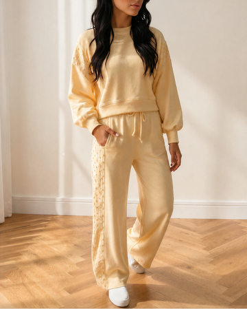 Anna Eyelet Embroidered Lace Patchwork Cropped Pullover Drawstring Pants Set in S - Casual Office Outfit - Pan Pullover