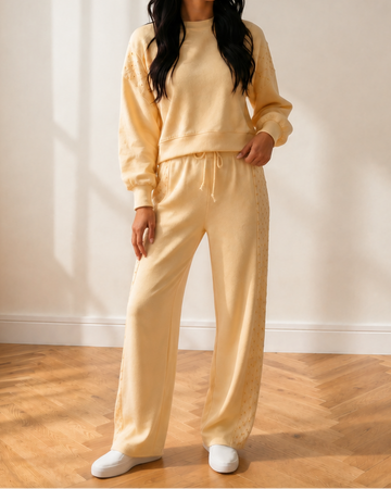 Anna Eyelet Embroidered Lace Patchwork Cropped Pullover Drawstring Pants Set in M view 2 - Casual Office Outfit
