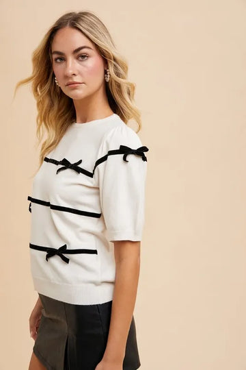 Annie Wear Striped Bow Round Neck Knit Top - MeeeShop Women's Fashion