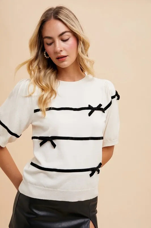 Annie Wear Striped Bow Round Neck Knit Top in White - Fall Wardrobe Essential - Annie Wear Tops