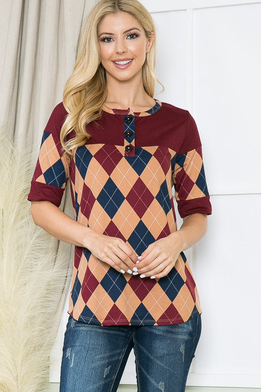Argyle Print Button Front Jersey Top in Grey Combo view 2 - Argyle Print Shirt