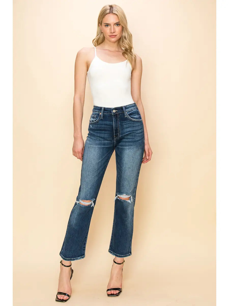 Ariel High Rise Stretch Distressed Straight Jeans in 1 (24) - High-Waisted (bottom)