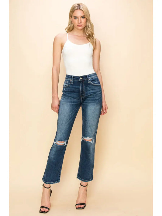 Ariel High Rise Stretch Distressed Straight Jeans in 1 (24) - High-Waisted (bottom)