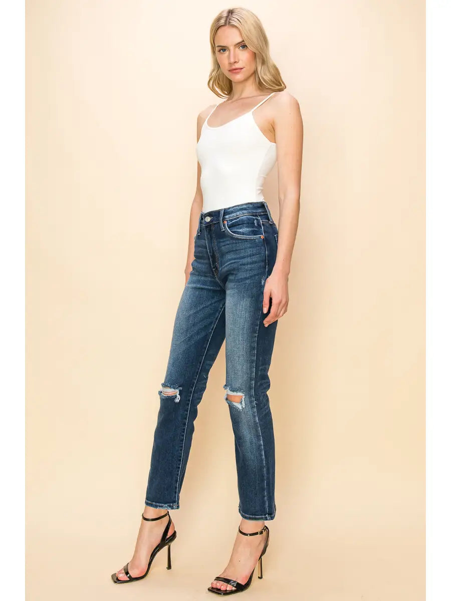 Ariel High Rise Stretch Distressed Straight Jeans in 3 (25) view 2 - High-Waisted (bottom)