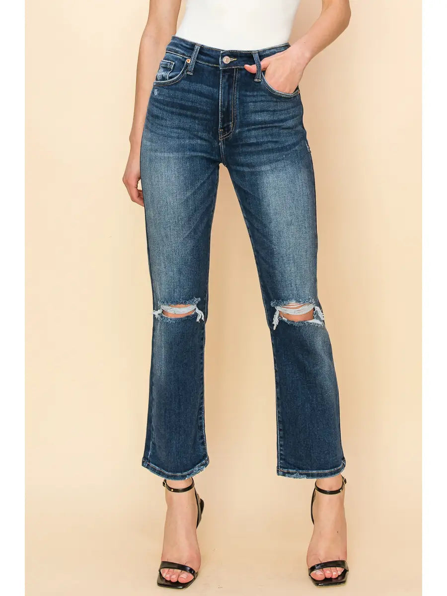Ariel High Rise Stretch Distressed Straight Jeans in 7 (27) view 4 - High-Waisted (bottom)
