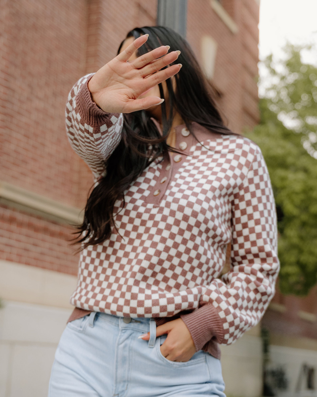 Arlo Checkered Sweater - Brown in Dark Brown - Brown Sweater (top)