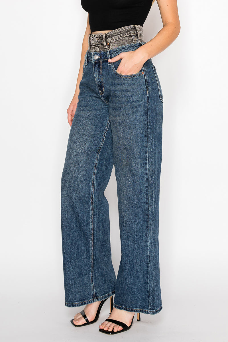 Artemis Vintage Double Snap on Waistband Layered Ultra High Rise Wide Jeans in 5 (26) view 3 - High-Waisted (bottom)