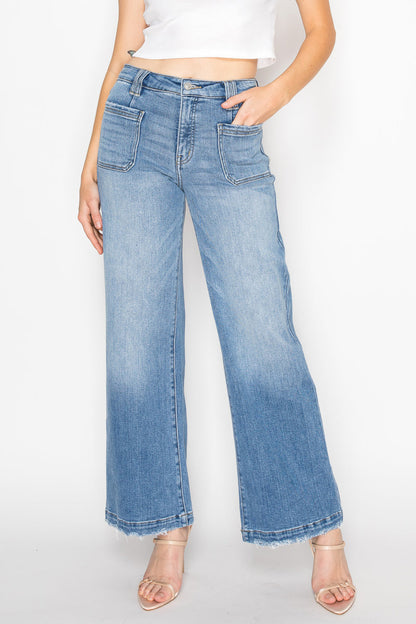 Artemis Vintage Eco Friendly Fabric High Rise Slim Palazzo Jeans in 7 (27) view 4 - High-Waisted - Eco Friendly Denim
