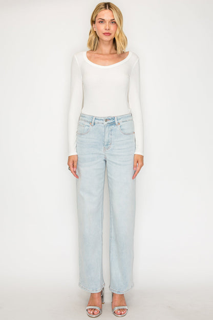 Artemis Vintage Tummy Control High Rise Modal Fabric Pink Thread Straight Jeans in Light wash view 5 - High-Waisted