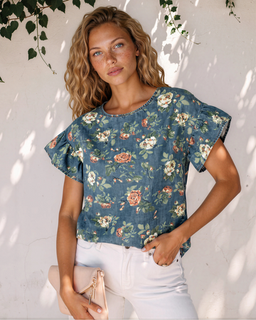 Ashleigh Ruffled Short Sleeve Floral Denim Top in S