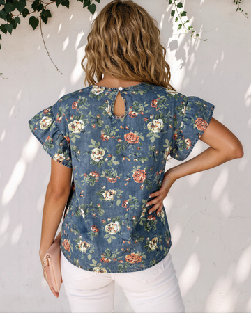 Ashleigh Ruffled Short Sleeve Floral Denim Top in M view 2