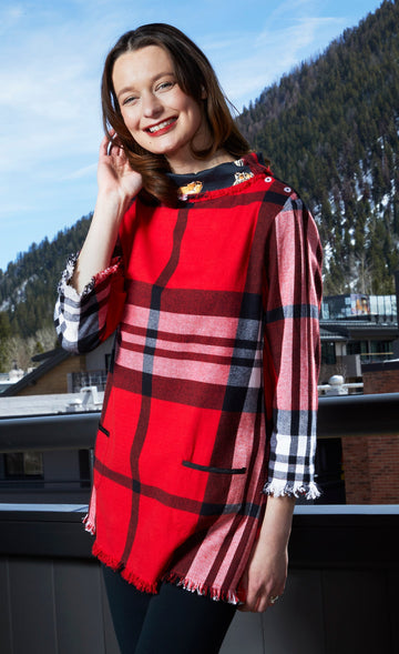 Aspen Cowl Neck Tunic with Fringe and Button Neck in Red Yarndyed Flannel Plaid Top in XS