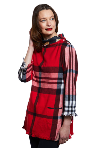 Aspen Cowl Neck Tunic with Fringe and Button Neck in Red Yarndyed Flannel Plaid Top in S view 2