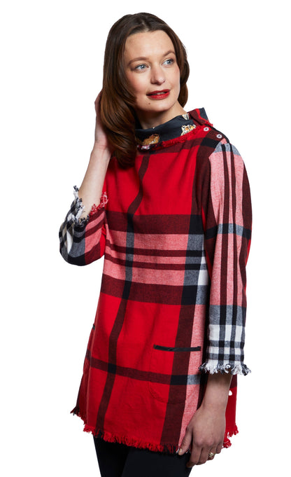 Aspen Cowl Neck Tunic with Fringe and Button Neck in Red Yarndyed Flannel Plaid Top in S view 2