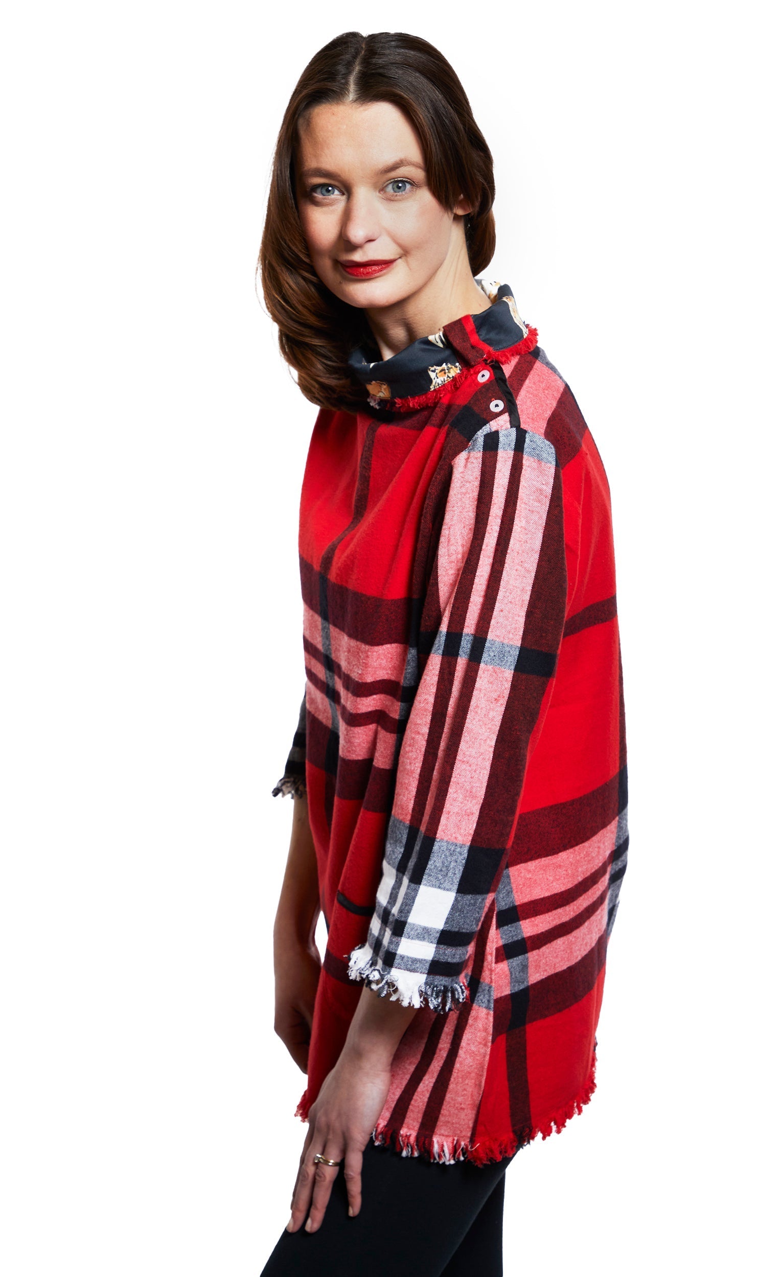 Aspen Cowl Neck Tunic with Fringe and Button Neck in Red Yarndyed Flannel Plaid Top in M view 3