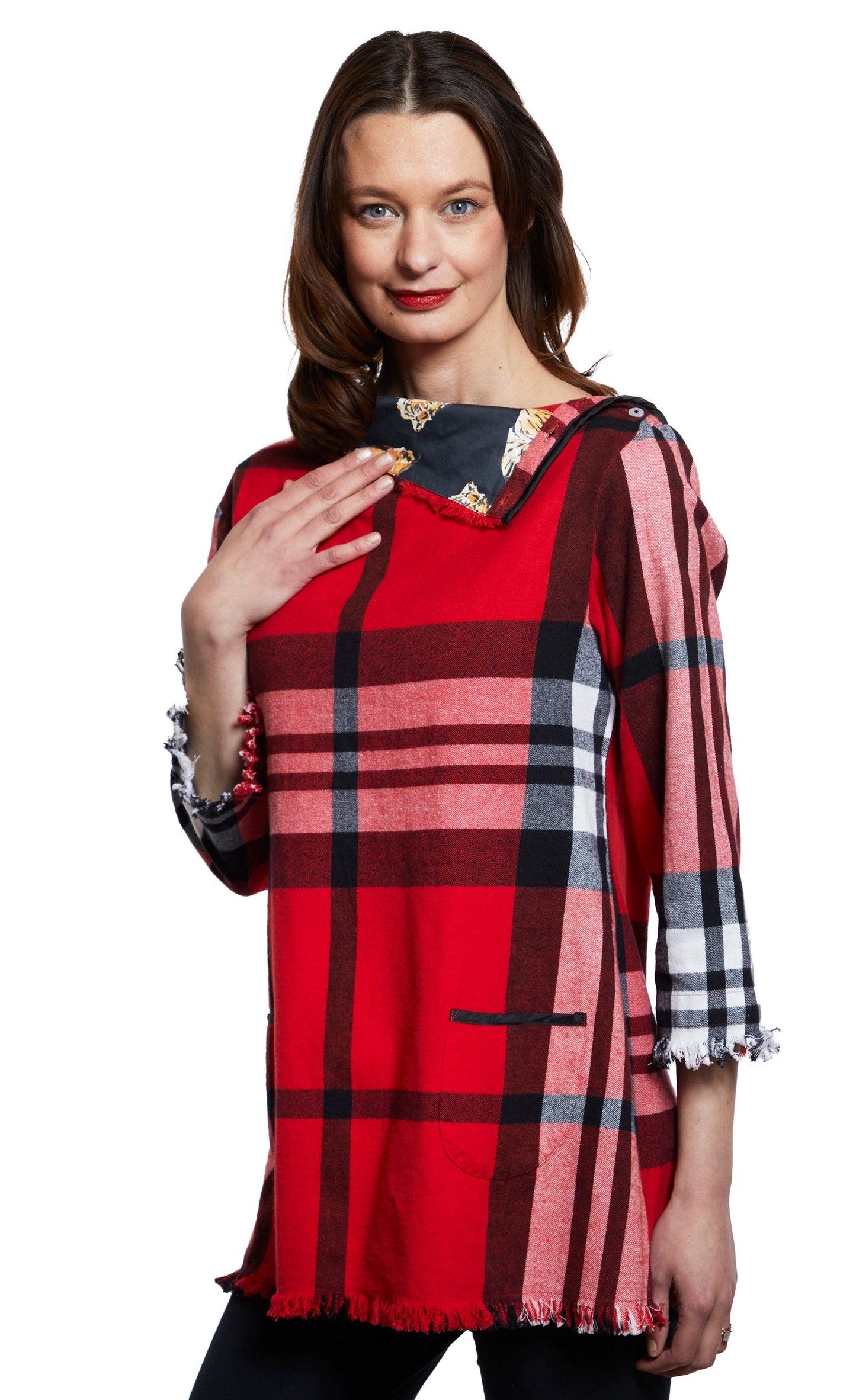 Aspen Cowl Neck Tunic with Fringe and Button Neck in Red Yarndyed Flannel Plaid Top in L view 4