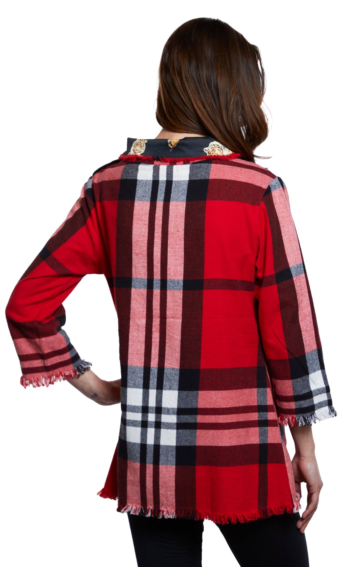 Aspen Cowl Neck Tunic with Fringe and Button Neck in Red Yarndyed Flannel Plaid Top in XL view 5