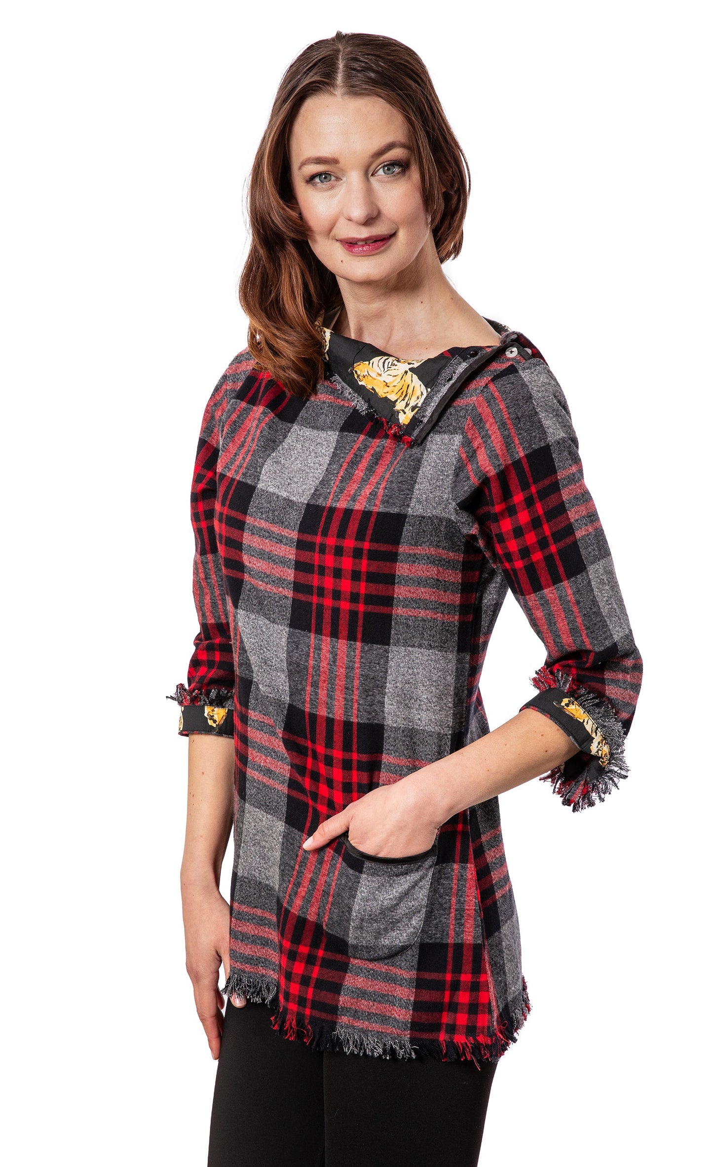 Aspen Flannel Tunic Red Black Yarndyed Plaid in M view 3 - Aspen Plaid Flannel Comforter Set (top)