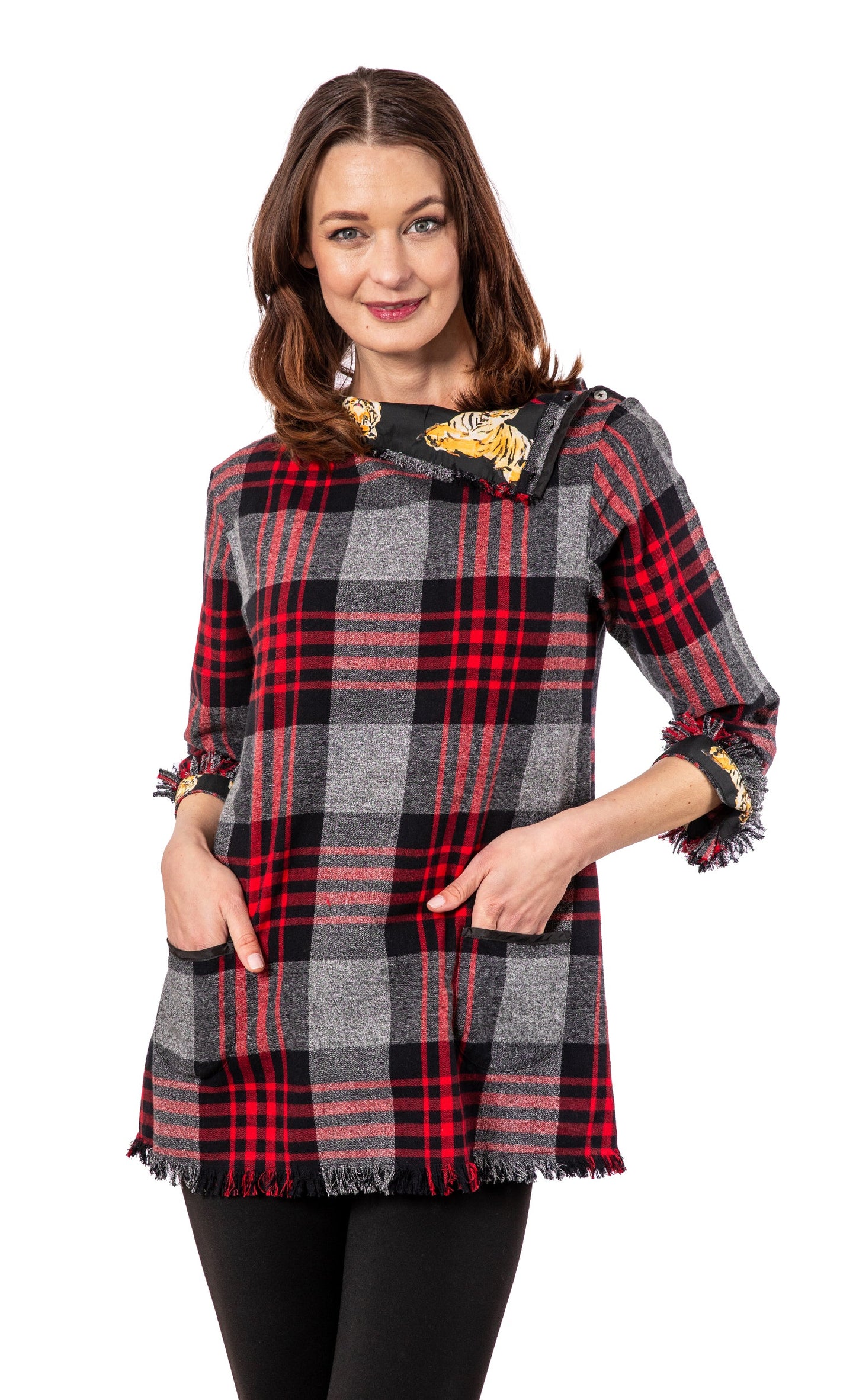 Aspen Flannel Tunic Red Black Yarndyed Plaid in S view 2 - Aspen Plaid Flannel Comforter Set (top)