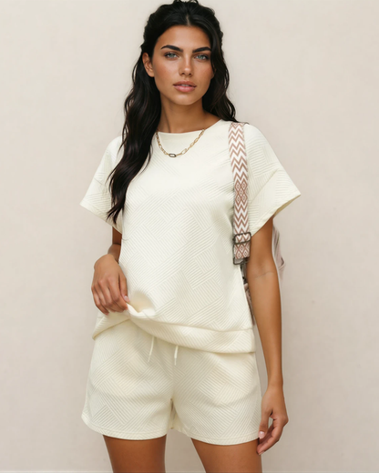 Astrid Textured Short Sleeve Top and Shorts Set - Cream Apricot (top) - cream top, set cream top - shop at us.meeeshop