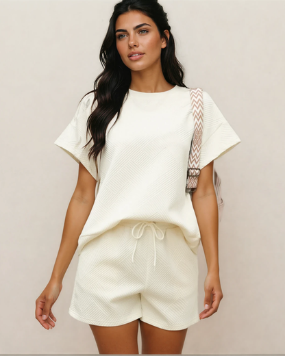 Astrid Textured Short Sleeve Top and Shorts Set - Cream Apricot view 2 (top) - cream top, set cream top - shop at us.meeeshop
