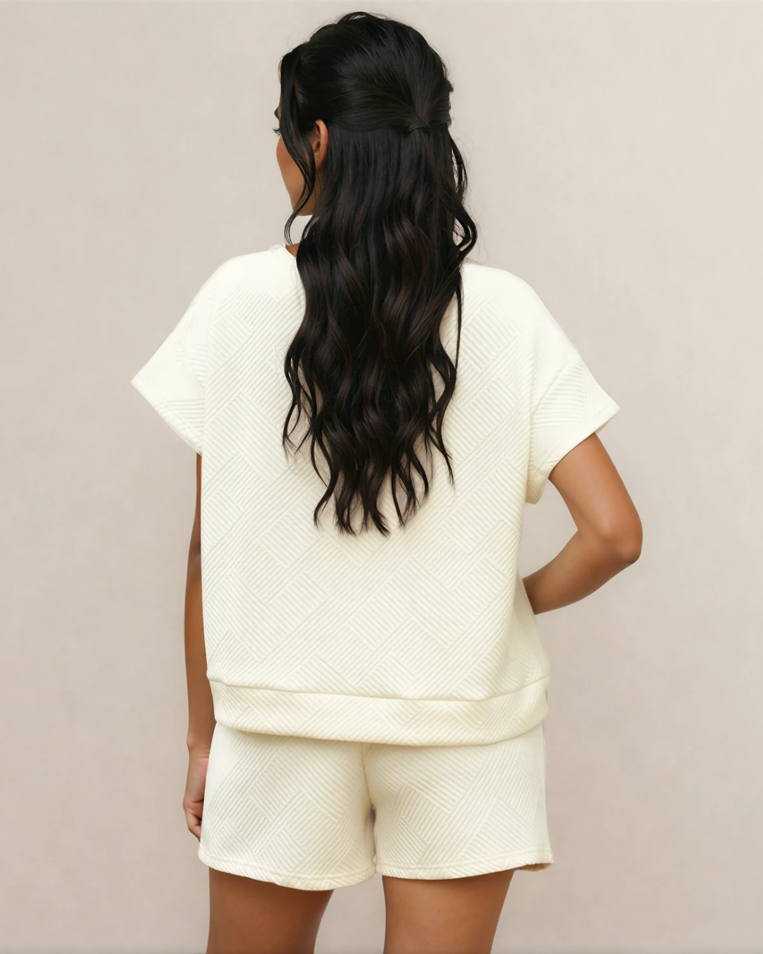 Astrid Textured Short Sleeve Top and Shorts Set - Cream Apricot view 3 (top) - cream top, set cream top - shop at us.meeeshop