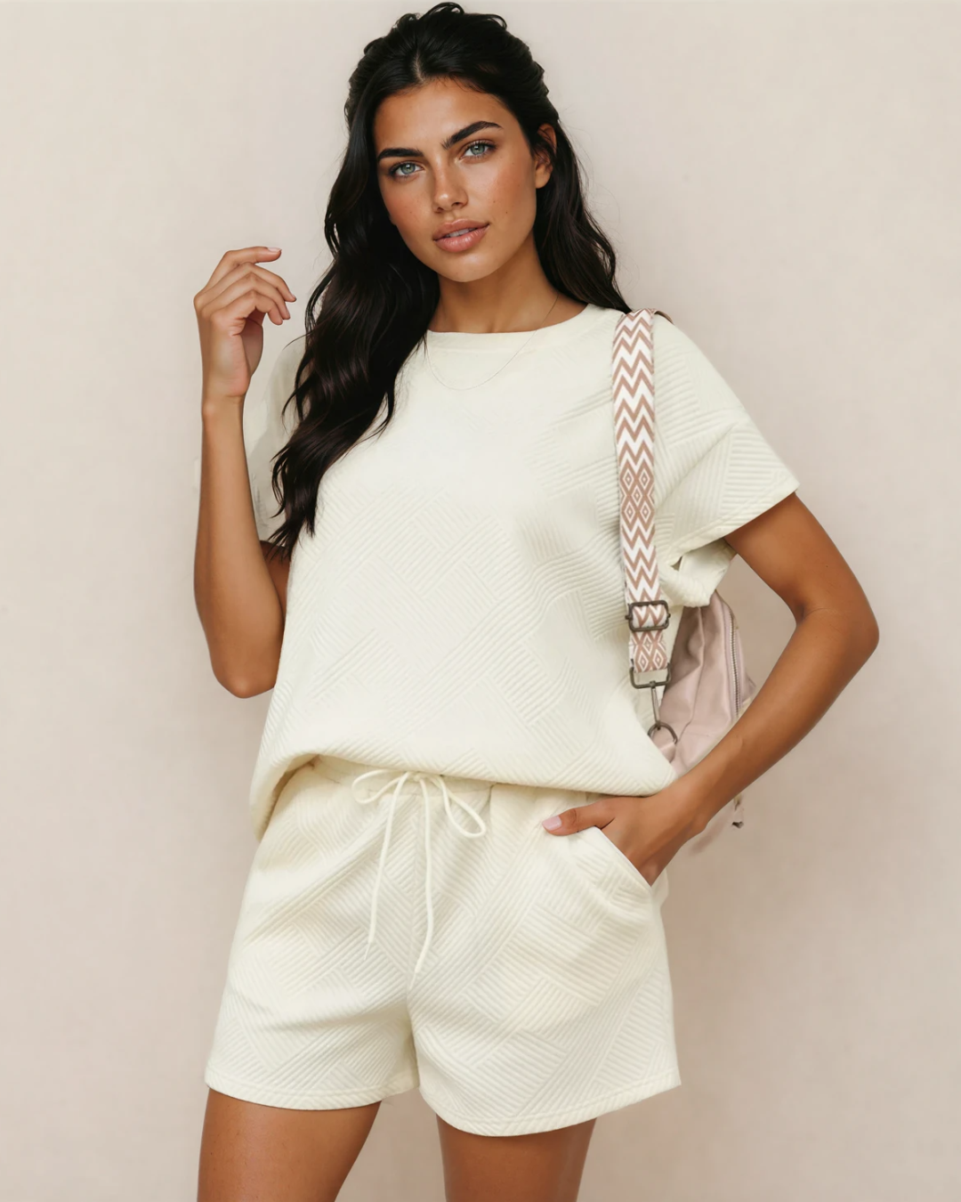 Astrid Textured Short Sleeve Top and Shorts Set - Cream Apricot view 4 (top) - cream top, set cream top - shop at us.meeeshop