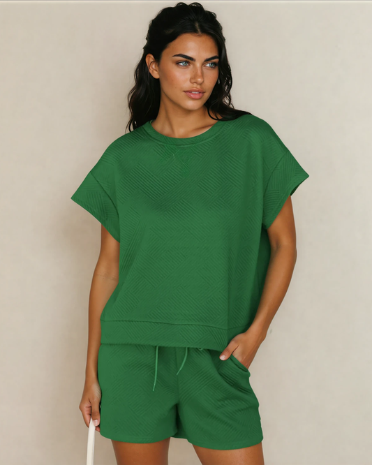 Astrid Textured Short Sleeve Top and Shorts Set - Green in Dark Green view 2 - Find The Look
