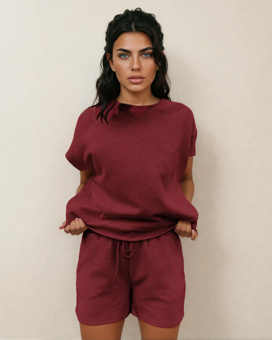 Astrid Textured Short Sleeve Top and Shorts Set - Red Dahlia in Red Dahlia - Dahlia Top