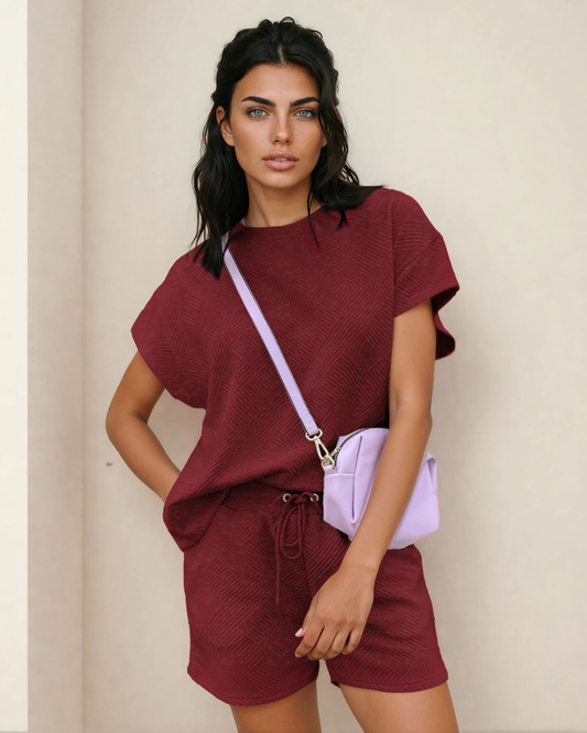 Astrid Textured Short Sleeve Top and Shorts Set - Red Dahlia in Red Dahlia view 2 - Dahlia Top