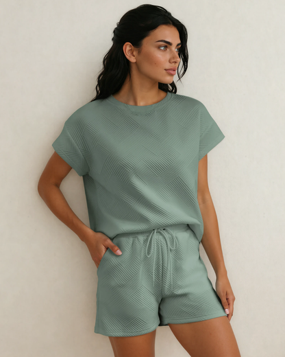 Astrid Textured Short Sleeve Top and Shorts Set - Seafoam Mineral Blue (top) - seafoam top, set seafoam - shop at us.meeeshop