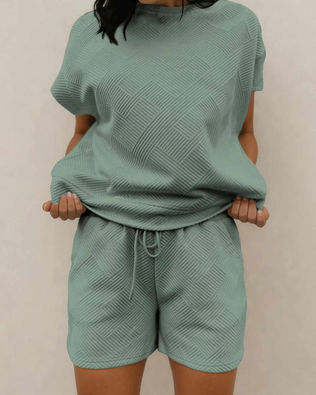 Astrid Textured Short Sleeve Top and Shorts Set - Seafoam Mineral Blue view 2 (top) - seafoam top, set  - shop at us.meeeshop