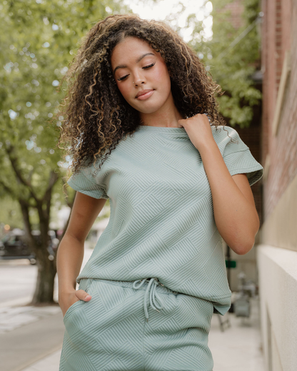 Astrid Textured Short Sleeve Top and Shorts Set - Seafoam in Mineral Blue view 4 - Seafoam Top
