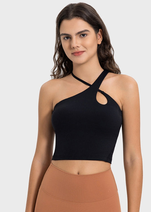 Asymmetrical Cross-strap Cutout Crop Top in Black view 2 - Asymmetrical Criss Cross Top