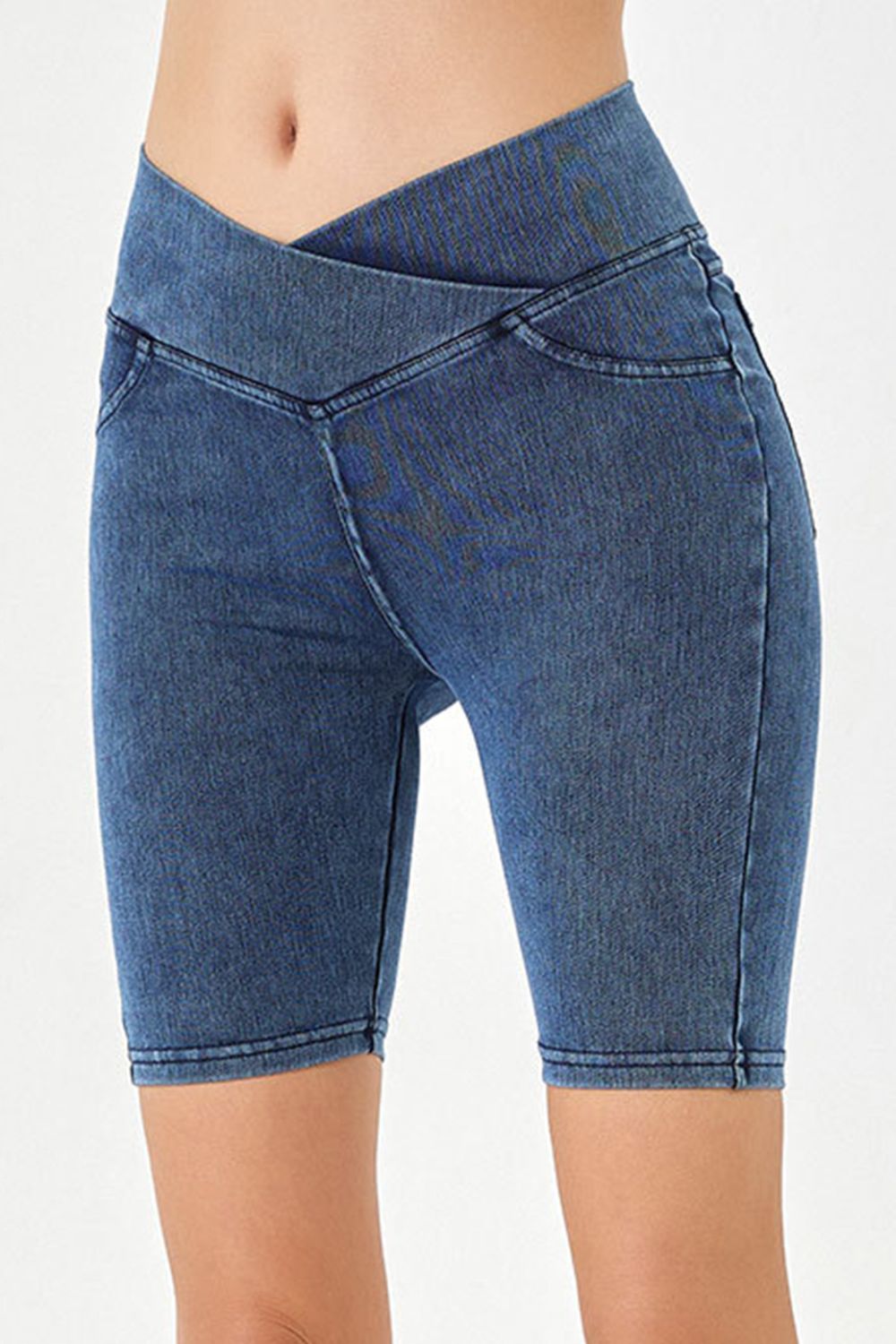 Asymmetrical Waist Denim Shorts with Pockets - MeeeShop Women's Fashion