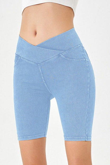 Asymmetrical Waist Denim Shorts with Pockets - MeeeShop Women's Fashion