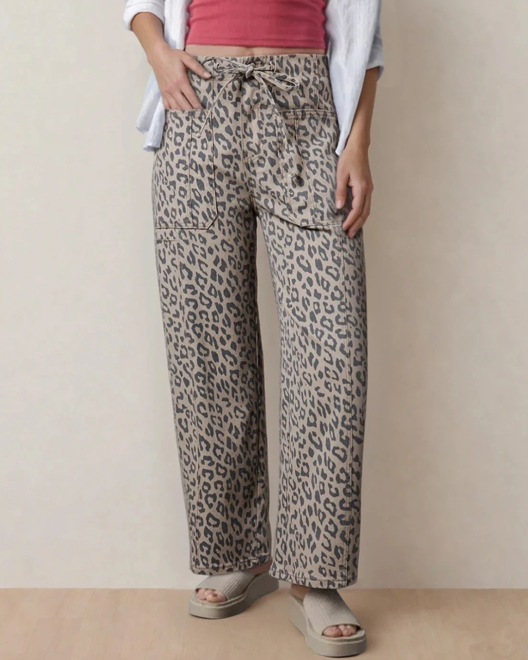 Athena Leopard Print Drawstring Waist Pocketed Wide Leg Jeans Khaki (bottom) - leg jeans, wide leg jean - shop at us.meeeshop