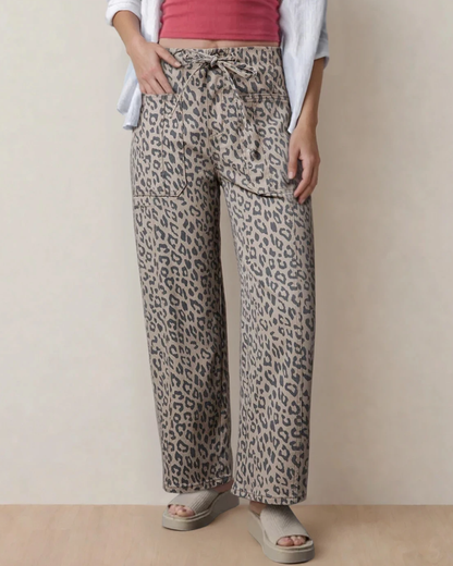 Athena Leopard Print Drawstring Waist Pocketed Wide Leg Jeans Khaki (bottom) - leg jeans, wide leg jean - shop at us.meeeshop