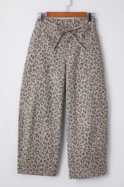 Athena Leopard Print Drawstring Waist Pocketed Wide Leg Jeans Khaki view 2 (bottom) - leg jeans, wide l - shop at us.meeeshop