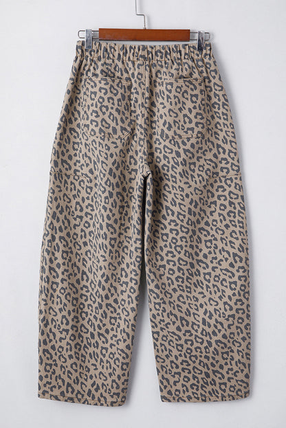 Athena Leopard Print Drawstring Waist Pocketed Wide Leg Jeans Khaki view 3 (bottom) - leg jeans, wide l - shop at us.meeeshop
