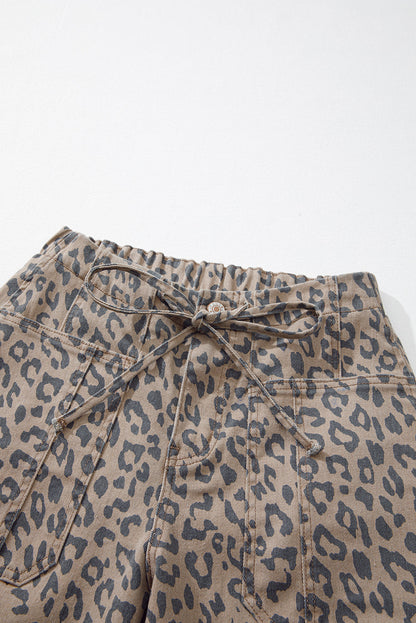 Athena Leopard Print Drawstring Waist Pocketed Wide Leg Jeans Khaki view 4 (bottom) - leg jeans, wide l - shop at us.meeeshop