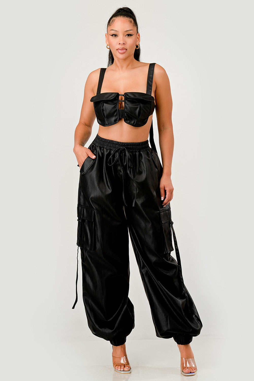 Athina Retail Black Utility Crop Top & Cargo Pant Set in S - Set Top