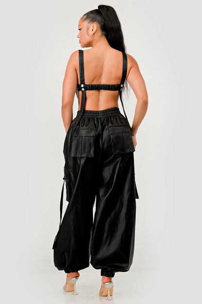 Athina Retail Black Utility Crop Top & Cargo Pant Set view 4 - Set Top