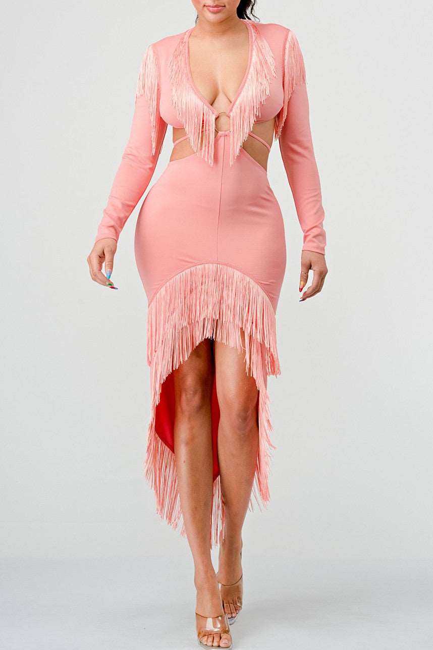 Athina Retail Blush Tassel Temptation Dress in Medium view 2 - Blush Fringe Dress