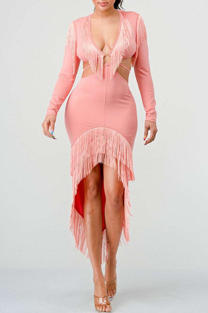 Athina Retail Blush Tassel Temptation Dress in Medium view 2 - Blush Fringe Dress